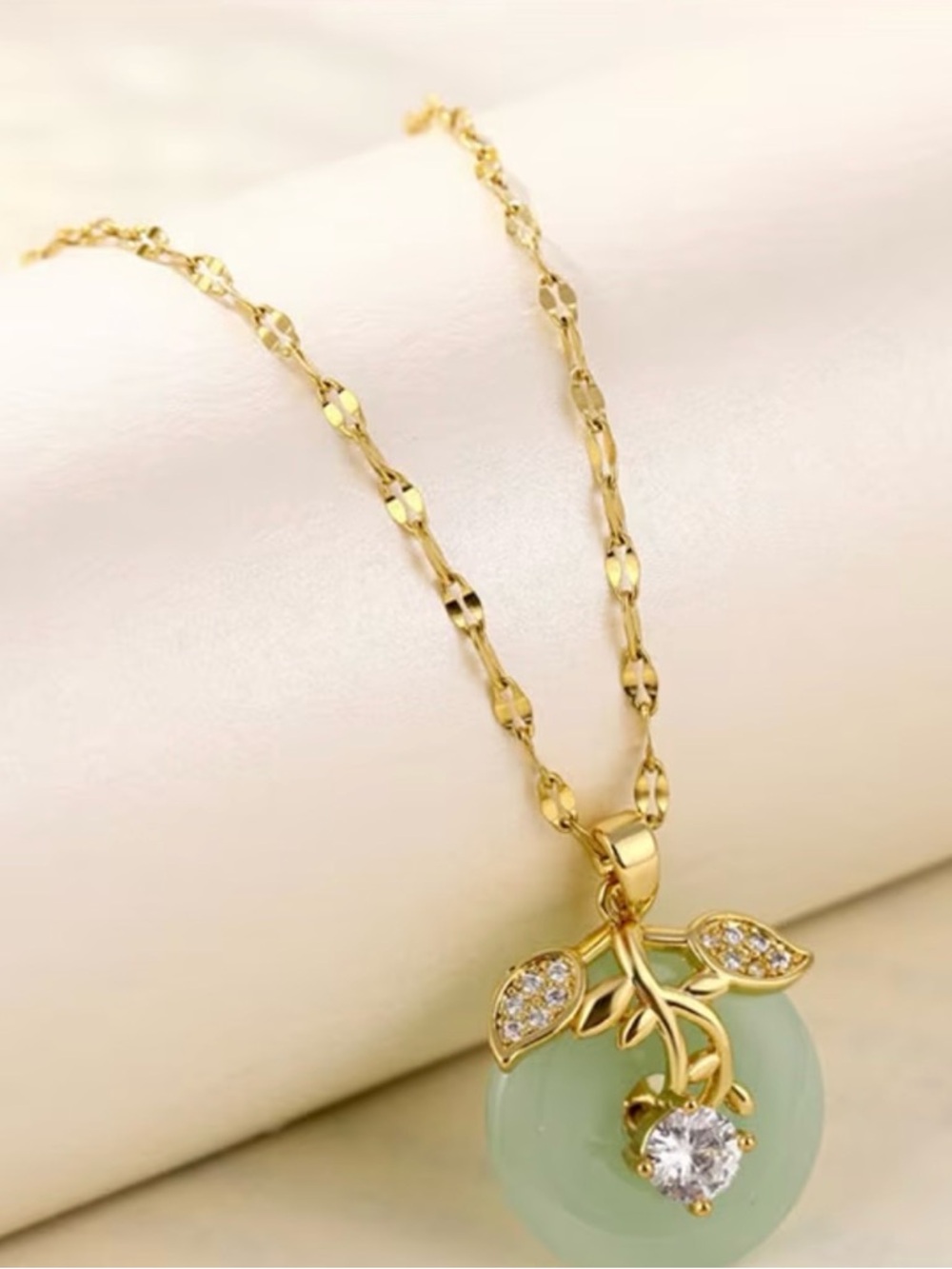 Gold-Plated Green Jade Pendant Necklace with Crystal Accent